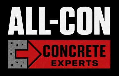 All-Con Concrete Experts logo with textured concrete block and red arrow on black background