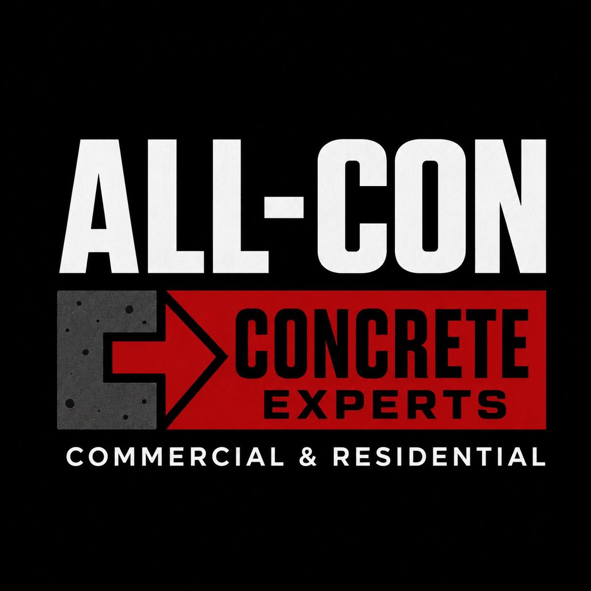 All-Con Concrete Experts logo with textured concrete block and red arrow, commercial and residential text